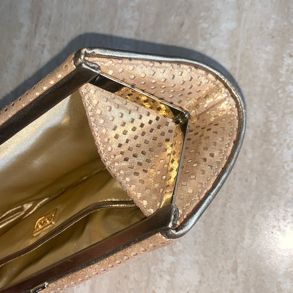 RODO metallic gold clutch, laser cut suede over satin, “kiss” lock. - Picture 8 of 17